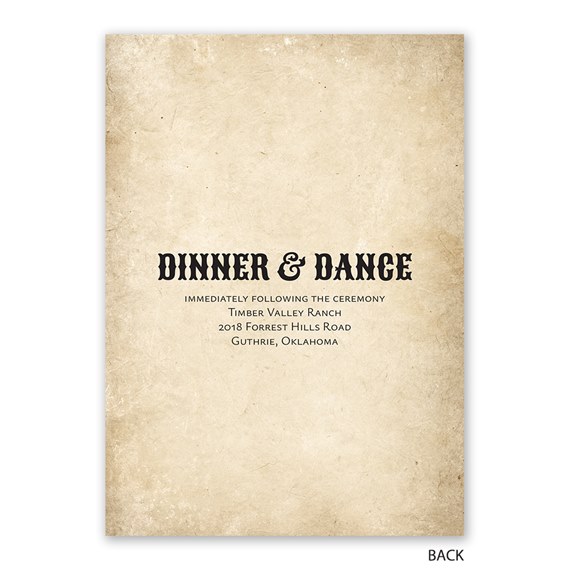 beige invitation with black text for dinner and dance details
