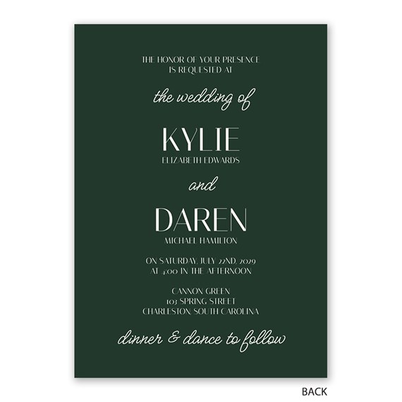 wedding invitation with dark green background and white text