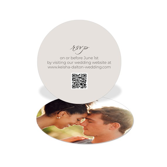 round RSVP card with photo area and QR code