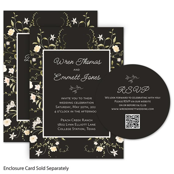 floral wedding invitation and RSVP card with black background