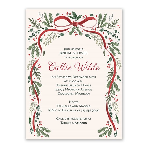 botanical holiday bridal shower invitation with decorative border