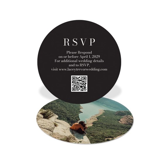 round RSVP card with black top and scenic photo