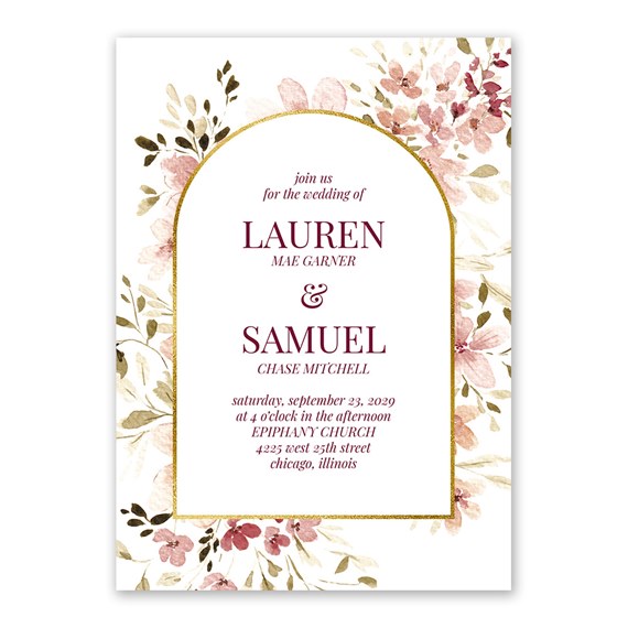 wedding invitation with floral design and gold outline