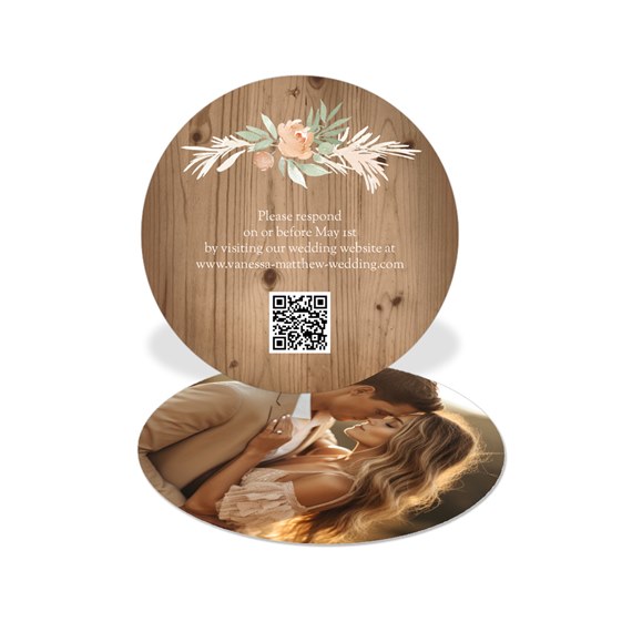 circular rsvp card with floral design and photo area