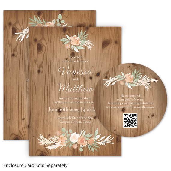 wedding invitation with wood background and floral design, includes RSVP card