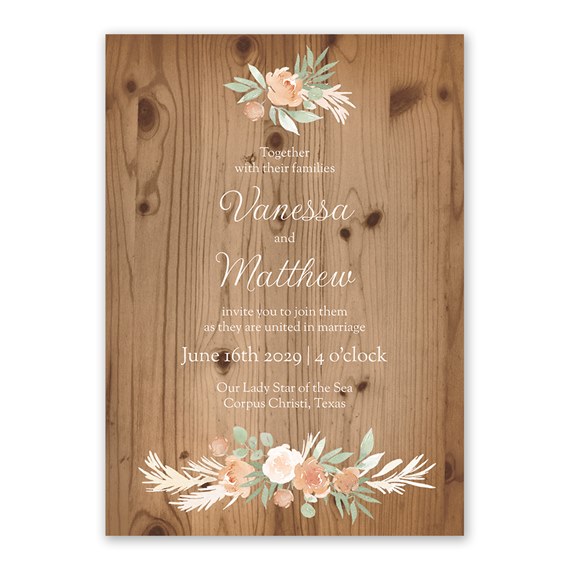 floral invitation with wooden background and customizable text area