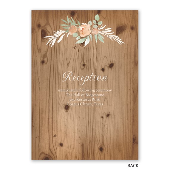 wood grain invitation with floral design and reception details