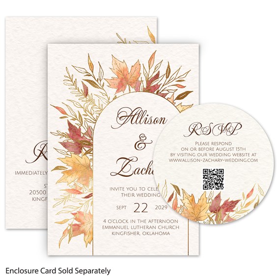 autumn wedding invitation and RSVP card with leaves