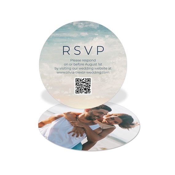 round RSVP card with watercolor background and photo area