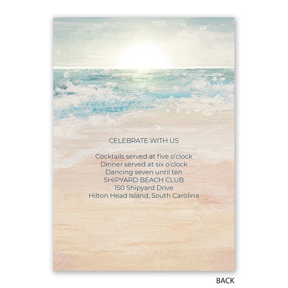 seaside invitation with sunset and beach design, customizable text area