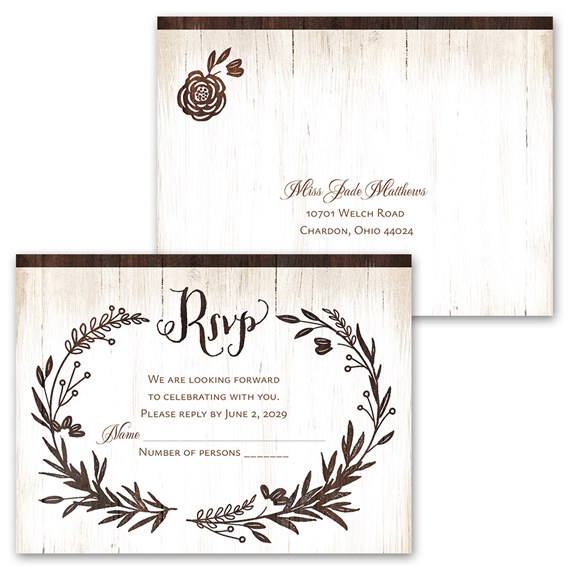 invitation and response postcard with floral design and wood texture