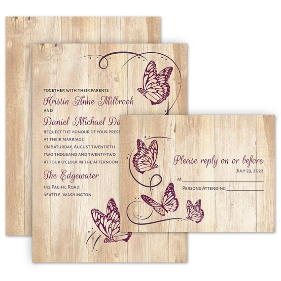 wooden background invitation with butterfly design and response postcard