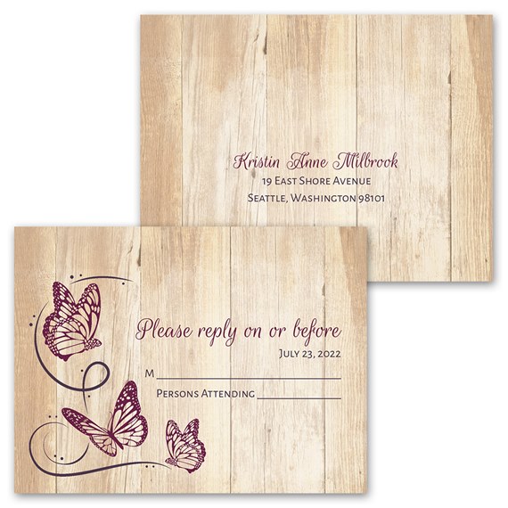 butterfly swirl invitation and response postcard design with wood texture