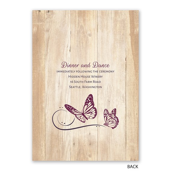 butterfly swirl invitation with wood background