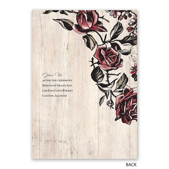 floral invitation with wood background and roses