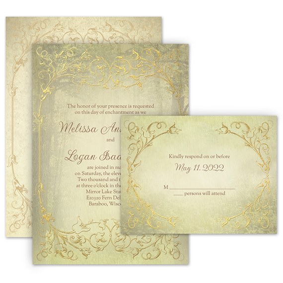 whimsical fairy tale invitation with decorative border and response postcard