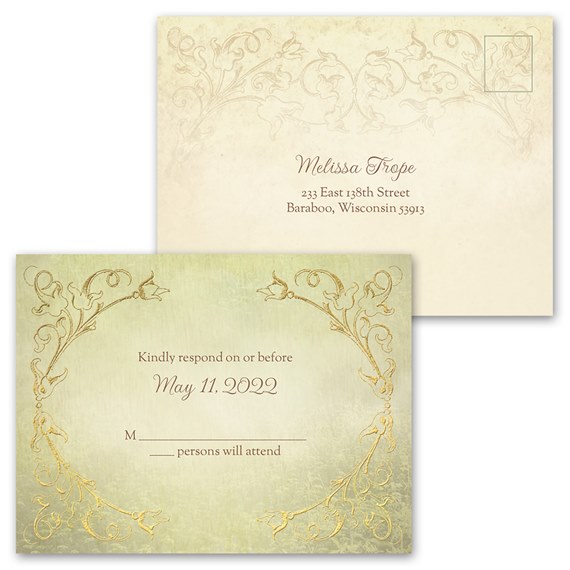 woodland fairy tale invitation with floral designs and response postcard