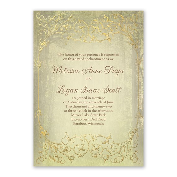 woodland fairy tale invitation with gold floral design
