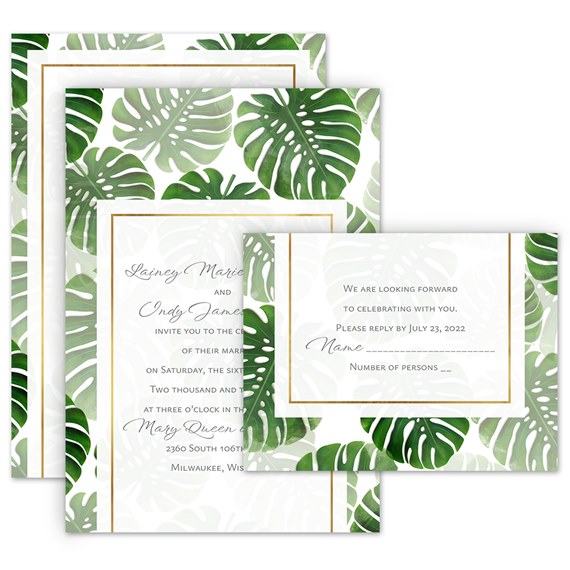 tropical invitation set with monstera leaves and gold accents