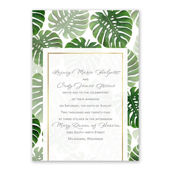 tropical invitation design with palm leaves and gold border