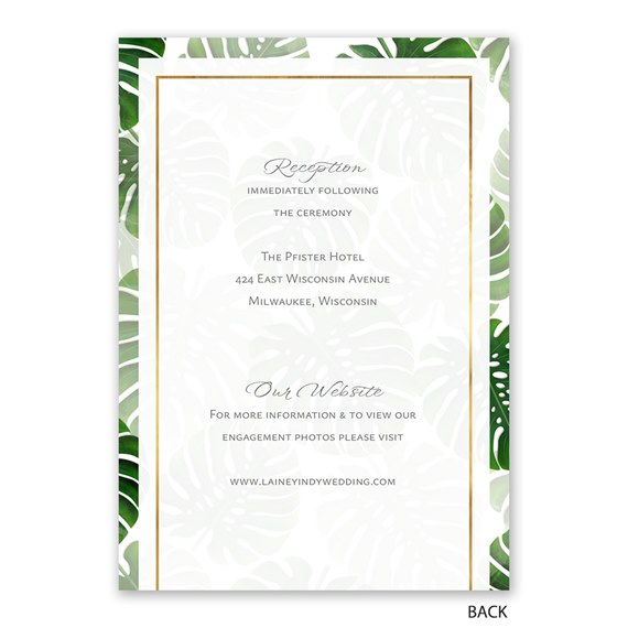 tropical palm leaf invitation with gold border and text area