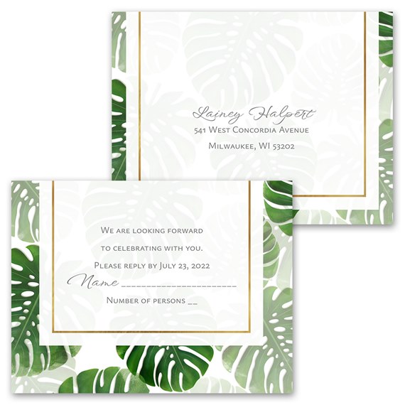two invitations with leafy design and gold border, customizable text area