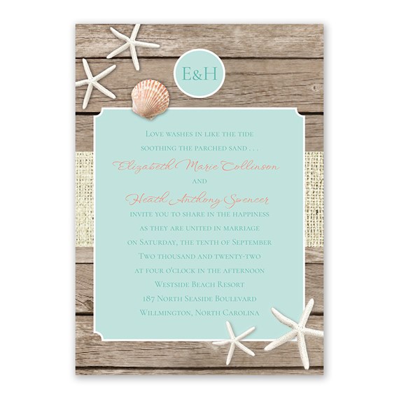 beach-themed wedding invitation with seashells and starfish
