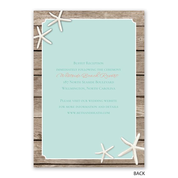 beach-themed invitation with starfish and wooden border