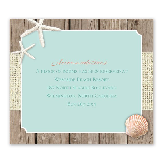 beach retreat information card with starfish and seashell