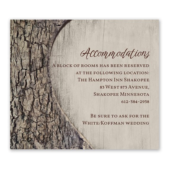 information card with wood texture and accommodations text