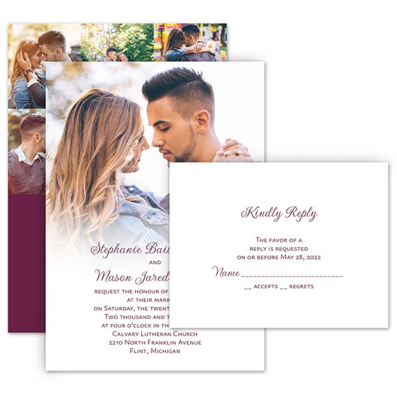 wedding invitation and response postcard with couple background