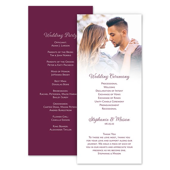 wedding program with photo area and text layout