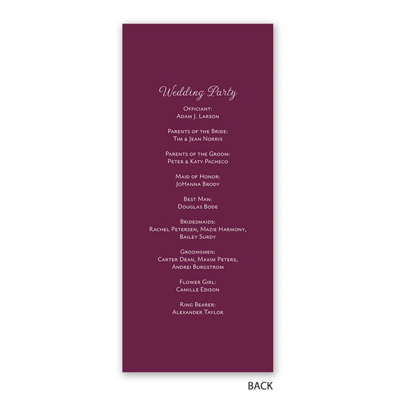 wedding program with text layout for wedding party roles and names