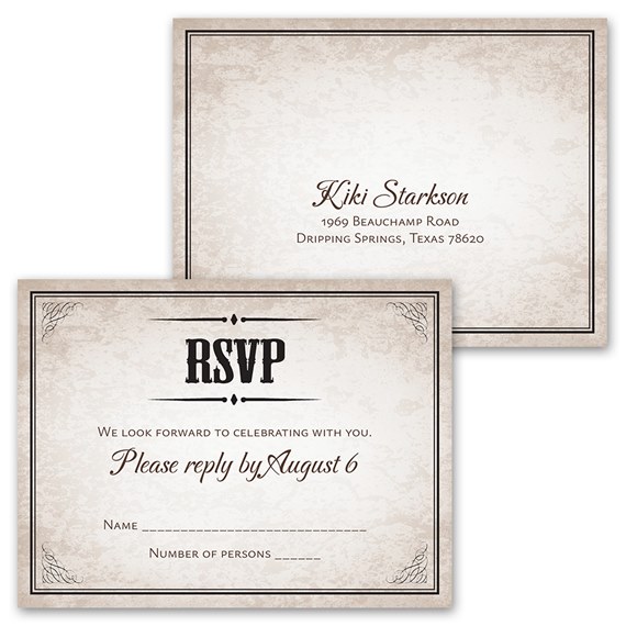 beige invitation and RSVP postcard with decorative borders and text areas