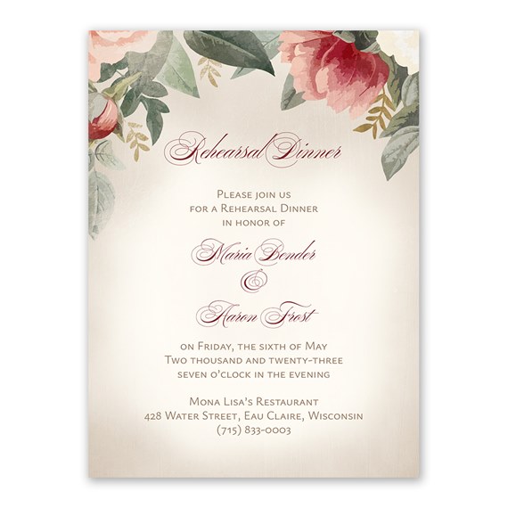 blush floral rehearsal dinner invitation with elegant text