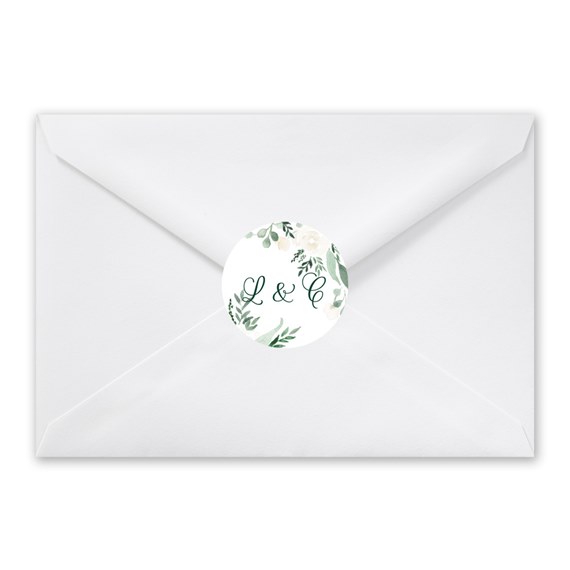 white envelope with floral circular seal and customizable text area