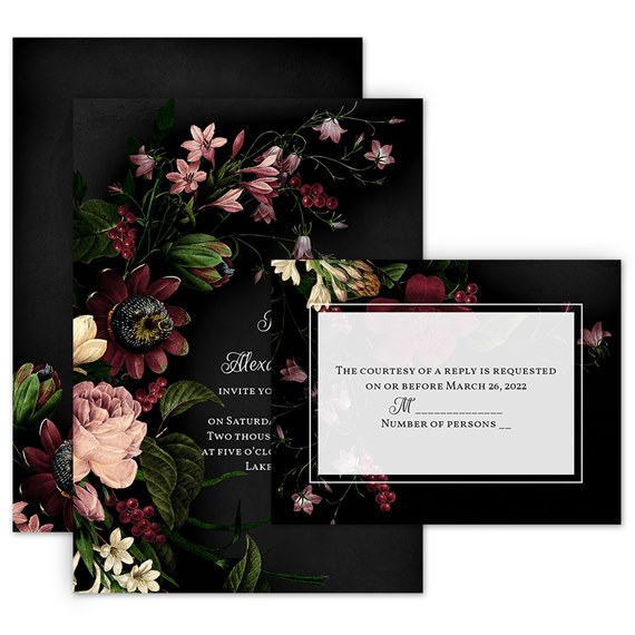 floral invitation with response postcard, dark background