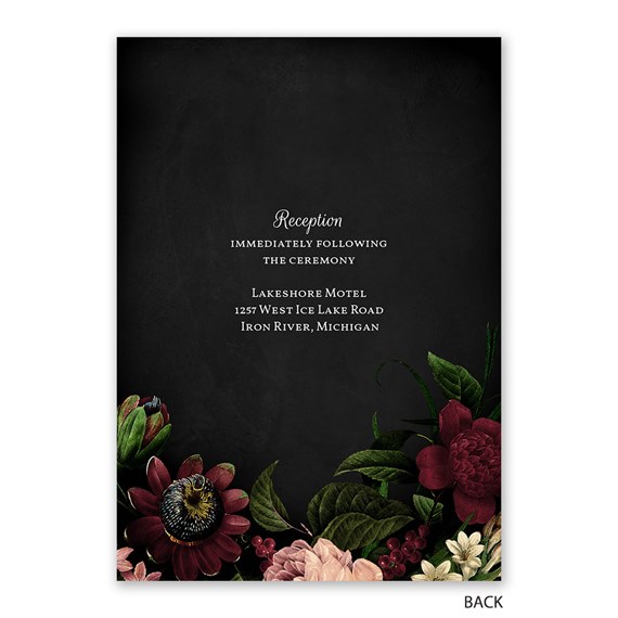 dark floral invitation with reception details
