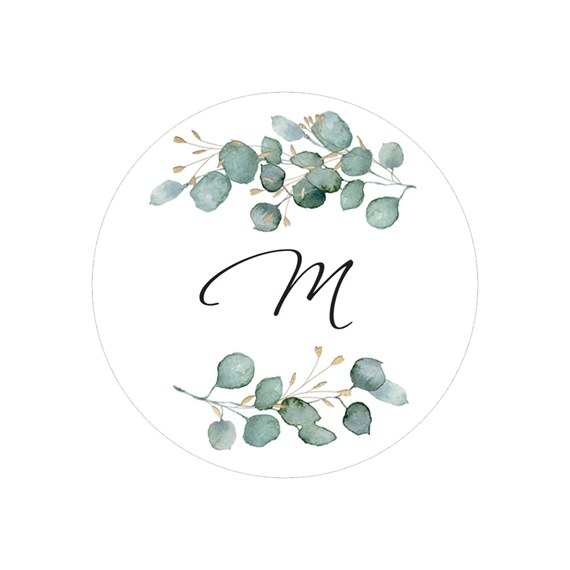 circular envelope seal with eucalyptus leaves and letter M
