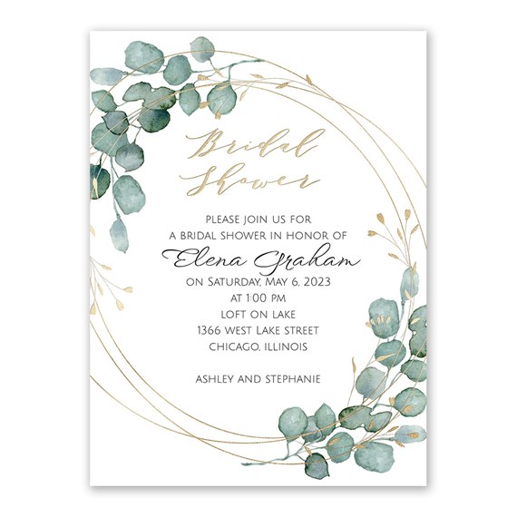 bridal shower invitation with eucalyptus leaves and gold accents
