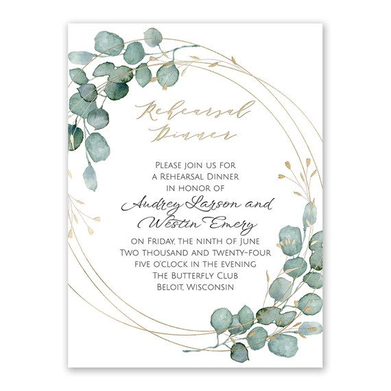 rehearsal dinner invitation with eucalyptus design and gold accents