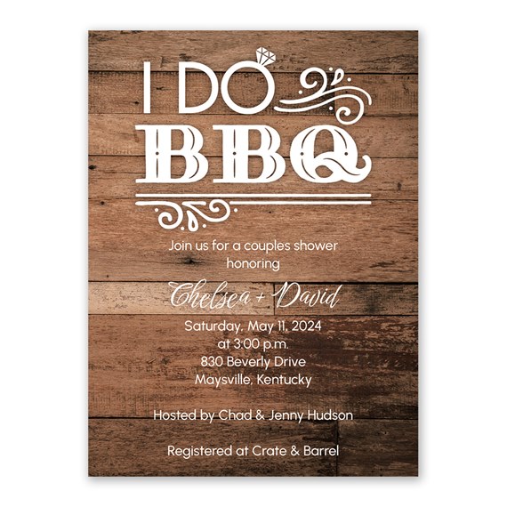 wooden background with decorative 'I DO BBQ' text and photo placeholder