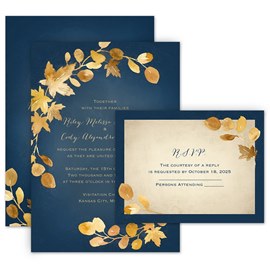 Golden Leaves - Navy - Invitation with Free Response Postcard