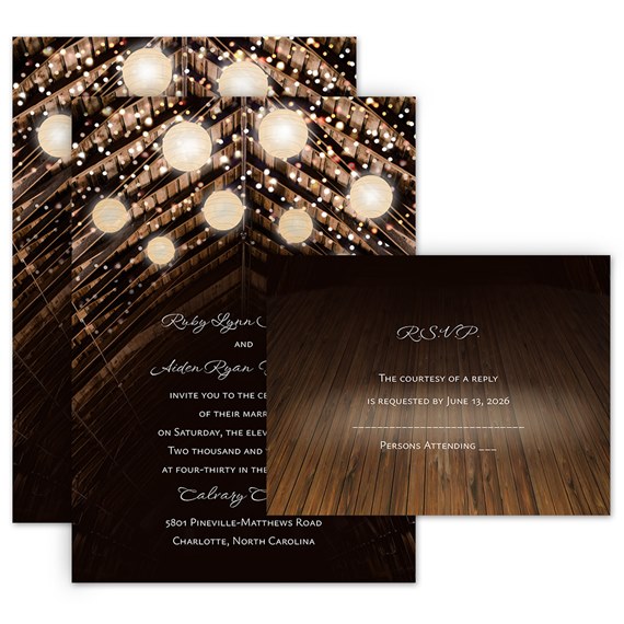 invitation with twinkling lights and RSVP postcard