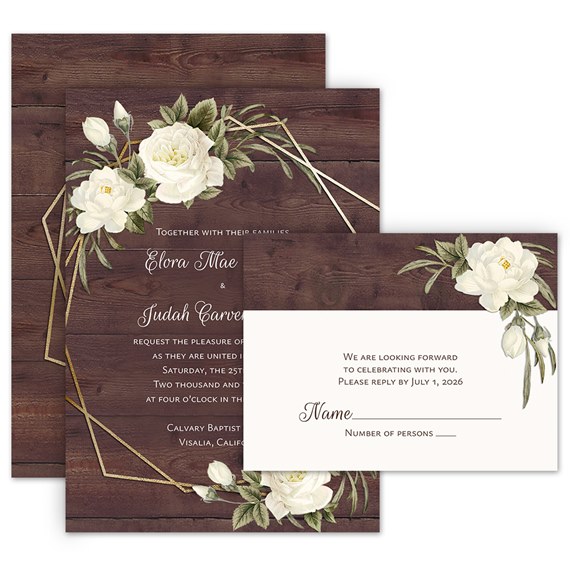 rustic invitation with floral design and response postcard, photo area