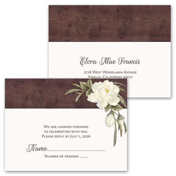 invitation card with floral design and wood texture
