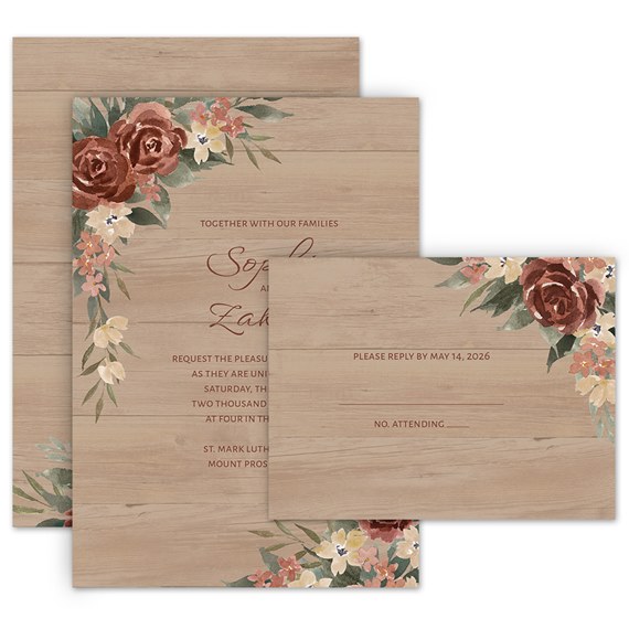 floral invitation set with woodgrain background and photo area