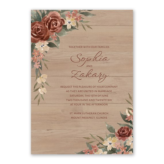 woodgrain floral invitation with customizable text area