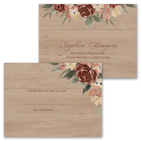 invitation with woodgrain and floral design, photo placeholder