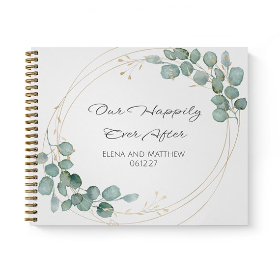 guest book with eucalyptus and gold design, customizable text area